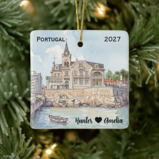 Personalized Cascais Portugal Photo Honeymoon Ceramic Ornament