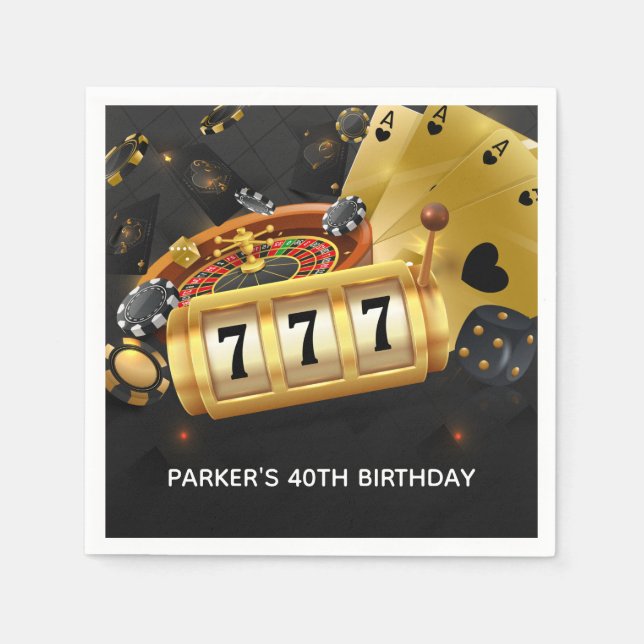 Personalized Casino Night Party Black Gold Napkin (Front)