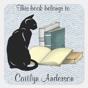 Personalized Cat and Books Bookplate Sticker