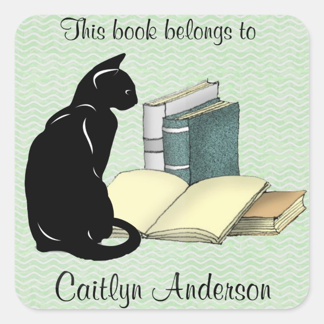 Personalized Cat and Books Bookplate Sticker (Front)