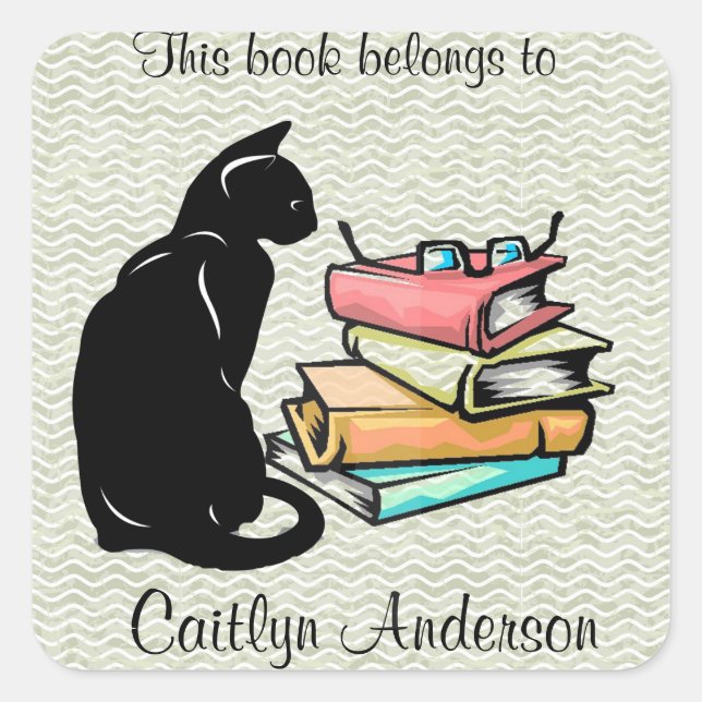 Personalized Cat and Books  Bookplate Sticker (Front)
