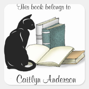 Personalized Cat and Books Bookplate Sticker