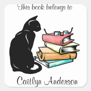 Personalized Cat and Books Bookplate Sticker