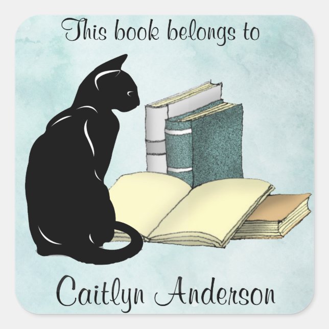 Personalized Cat and Books Bookplate Sticker (Front)