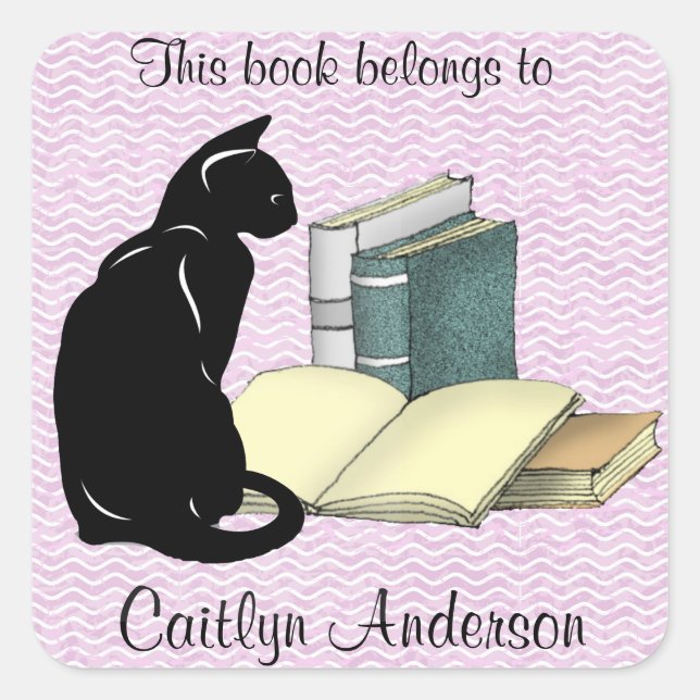 Personalized Cat and Books Bookplate Sticker (Front)