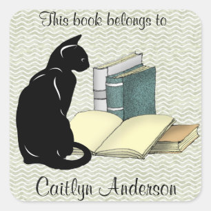 Personalized Cat and Books Bookplate Sticker