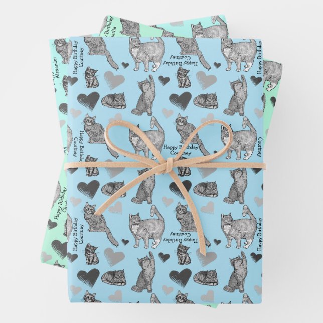 Personalized Cat and Kitten Gift Wrap In 3 Colors (In situ)