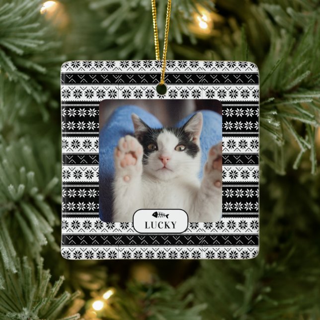 Personalized Cat Black Knit Pattern Pet Photo Ceramic Ornament (Tree)