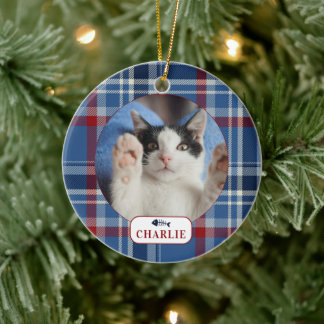 Personalized Cat Blue Plaid Pet Photo Ceramic Ornament