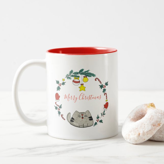 Personalized / Cat Christmas Wreath Two-Tone Coffee Mug (With Donut)