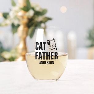 Personalized Cat Father Name Stemless Wine Glass