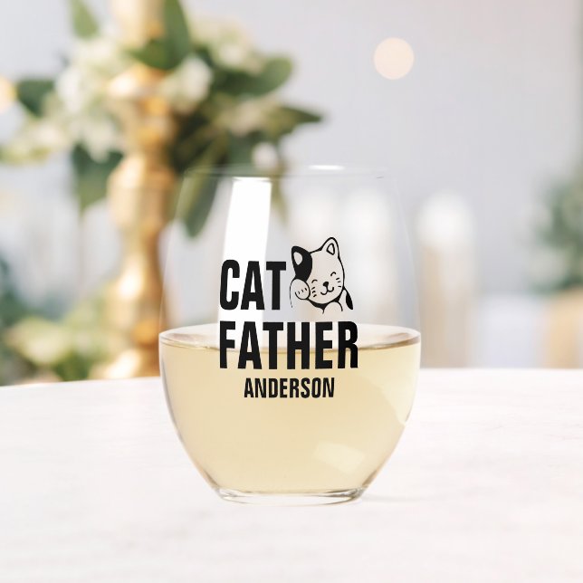 Personalized Cat Father Name Stemless Wine Glass (Insitu (Wedding))