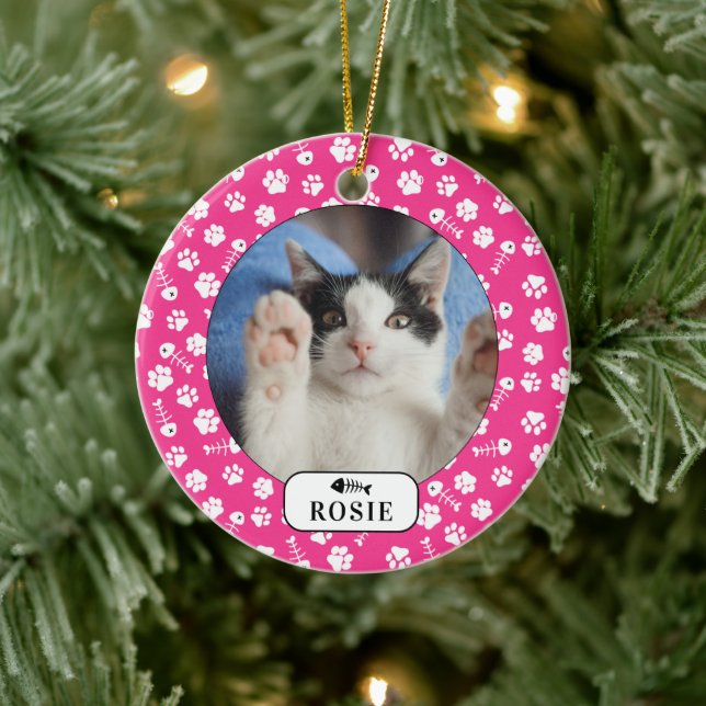 Personalized Cat Fish Bone & Pawprint Pet Photo Ce Ceramic Ornament (Tree)