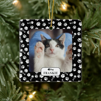 Personalized Cat Fish Bone & Pawprint Pet Photo Ceramic Ornament