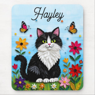 Personalized Cat, Flowers and Butterflies Mouse Pad