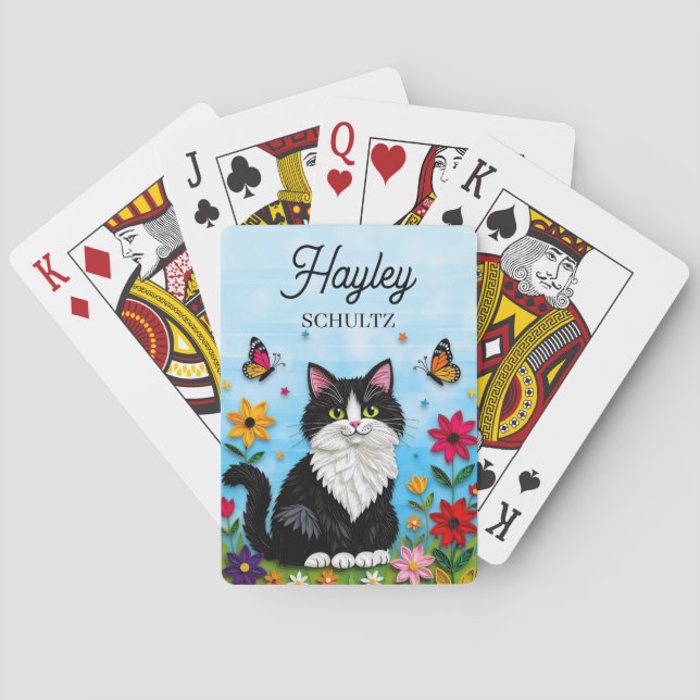 Personalized Cat, Flowers and Butterflies   Playing Cards (Back)