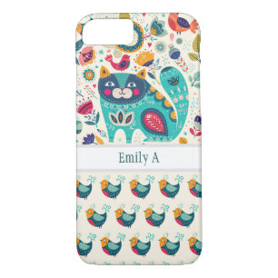 Personalized CAT Folk Art Decorative Birds Flowers Case-Mate iPhone Case