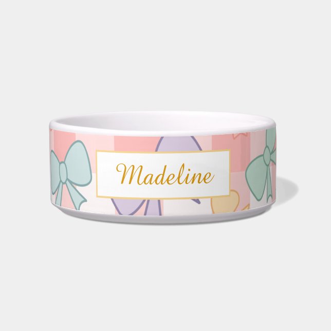Personalized Cat Gingham Pastel Bows Bowl Ceramic (Front)