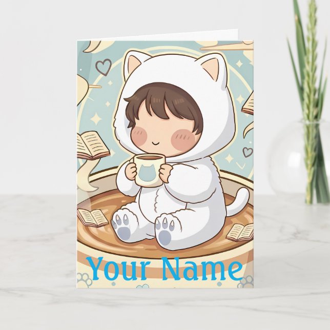 Personalized Cat Greeting Card for Book Lovers (Front)