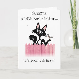 personalized cat little birdie told me... birthday card