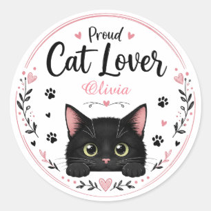 Personalized Cat Lover Name Sticker Cute Black Cat