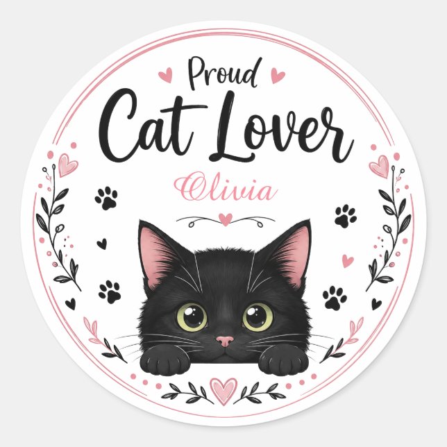 Personalized Cat Lover Name Sticker Cute Black Cat (Front)