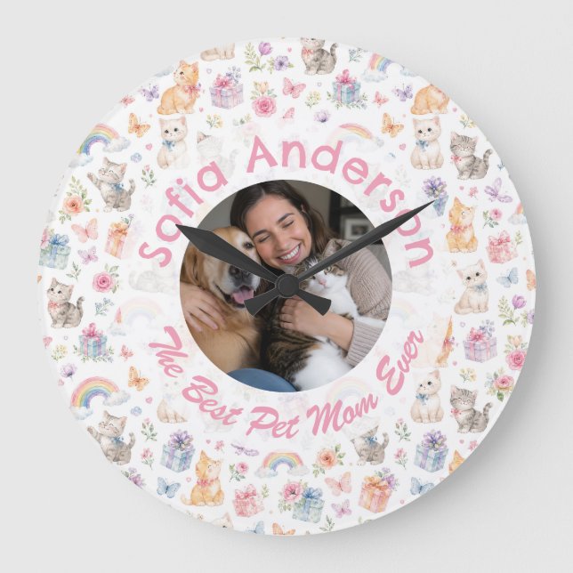 Personalized Cat Lover Wall Clock Floral Rainbow   (Front)