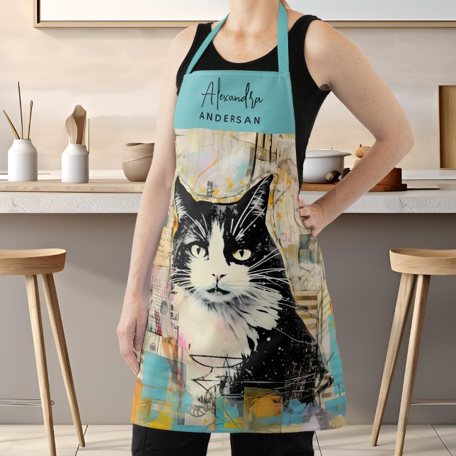 Personalized Cat Lovers Mom Dad Script Name Apron (Vintage Black Cat Scrapbook Painting Script Name Apron)