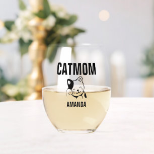 Personalized Cat Mom Custom Name Stemless Wine Glass
