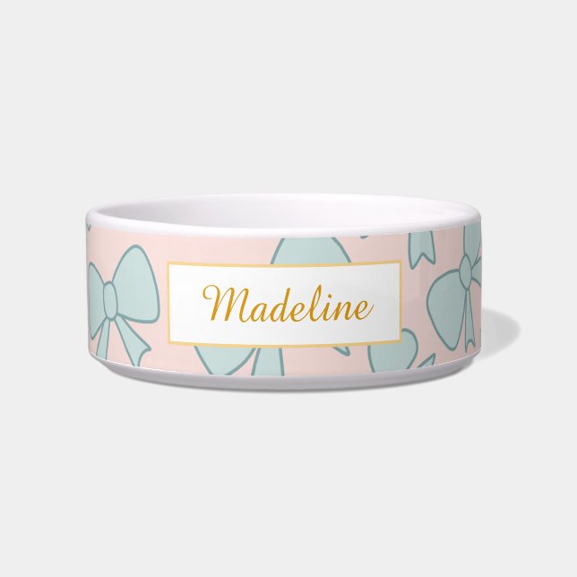 Personalized Cat Name Pastel Blue Bow Bowl Ceramic (Front)