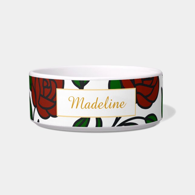 Personalized Cat Name Red Roses Bowl Ceramic (Front)
