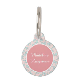 Personalized Cat Name Tag Blue Pastel Bows on Pink