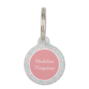 Personalized Cat Name Tag Pink Bows on Blue Pastel