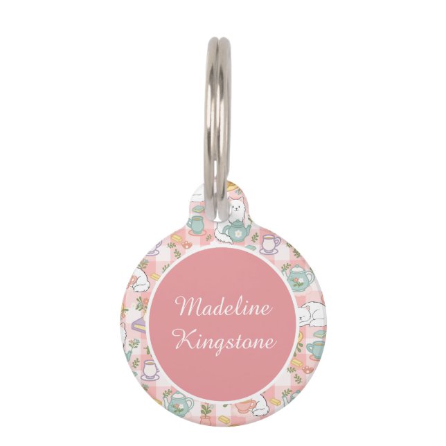 Personalized Cat Name Tag Pink Tea Service (Front)
