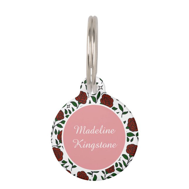 Personalized Cat Name Tag Red Roses (Front)
