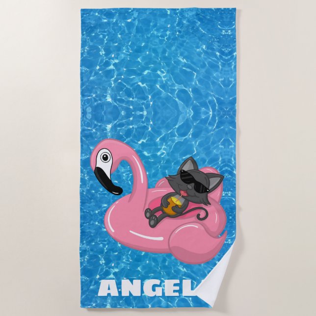 Personalized Cat on Flamingo Pool Name Beach Towel (Front)