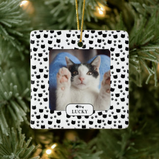 Personalized Cat & Pawprint Pet Photo Ceramic Ornament