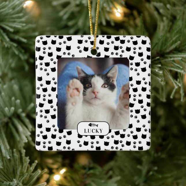 Personalized Cat & Pawprint Pet Photo Ceramic Ornament (Tree)