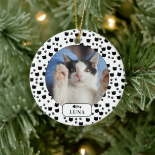 Personalized Cat & Pawprint Pet Photo Ceramic Ornament