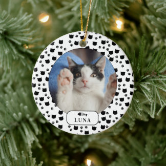 Personalized Cat & Pawprint Pet Photo Ceramic Ornament