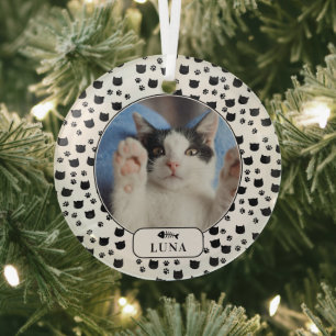 Personalized Cat & Pawprint Pet Photo Glass Ornament