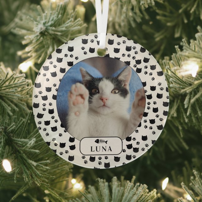 Personalized Cat & Pawprint Pet Photo Glass Ornament (Insitu)