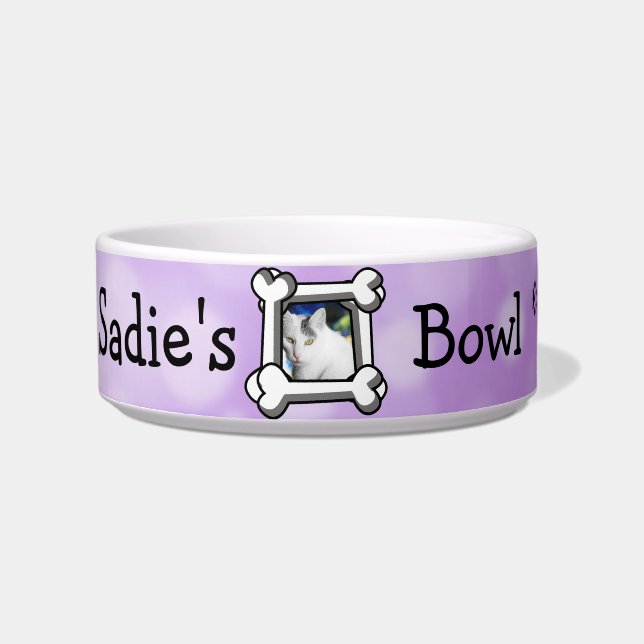 Personalized Cat Photo and Name Purple Paw prints Bowl (Front)