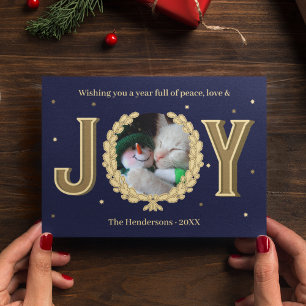 Personalized Cat Photo Blue Gold Joy Christmas Holiday Card