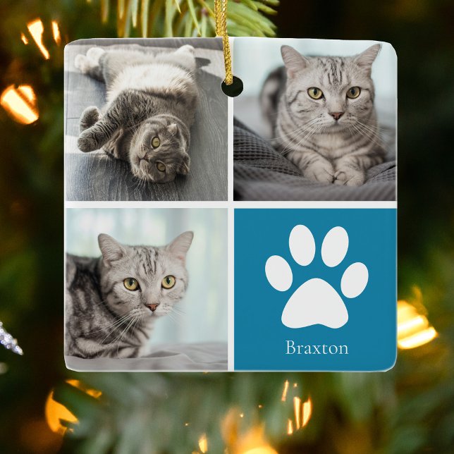 Personalized Cat Photo Collage Cute Blue Christmas Ceramic Ornament (Creator Uploaded)