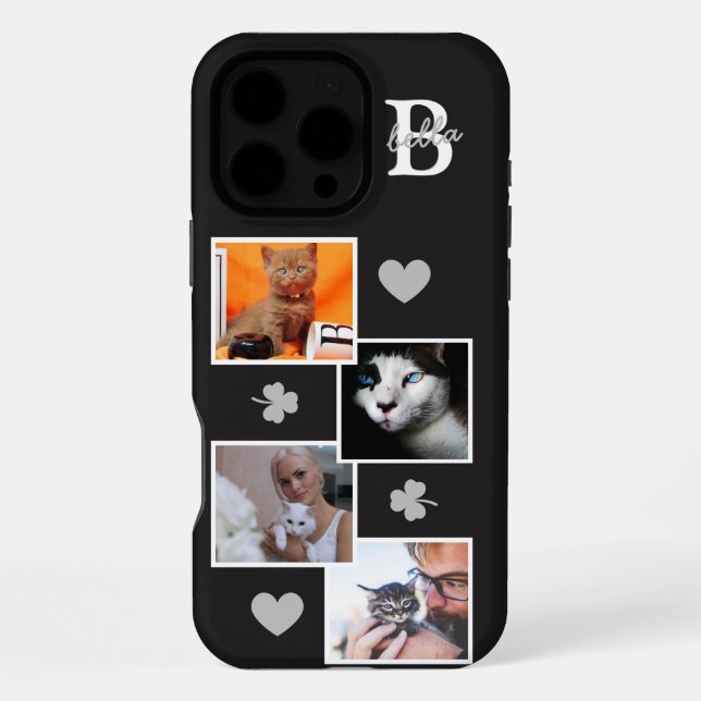 Personalized cat photo collage monogram black iPhone case (Back)