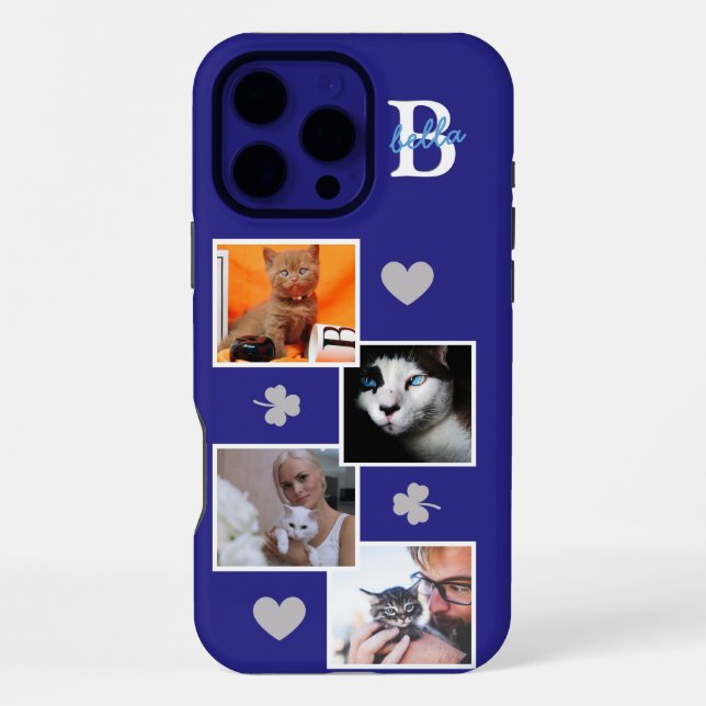 Personalized cat photo collage monogram blue iPhone case (Back)