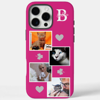Personalized cat photo collage monogram pink iPhone 16 pro max case