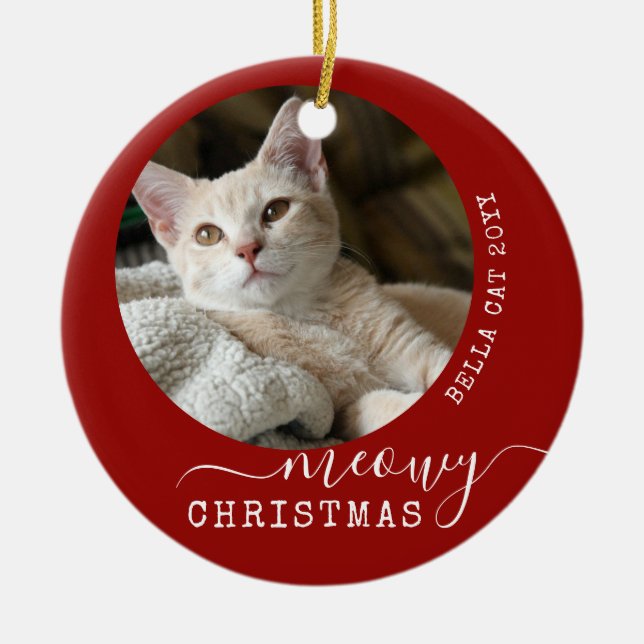 Personalized Cat Photo Meowy Christmas Unique Ceramic Ornament (Front)