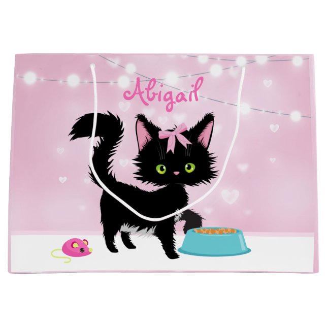 Personalized Cat Pink and White Girly Kitten Large Gift Bag (Front)